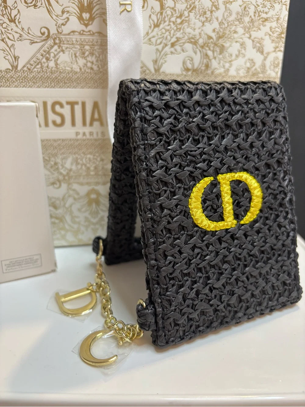 Dior Black Woven Raffia Mirror with Yellow CD chain